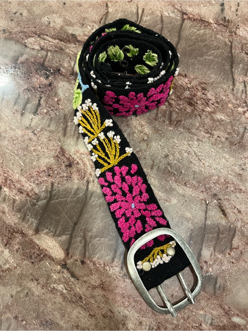 Jenny Krauss Hand Embroidered Floral Wool Belt - Black & Pink - Size Large
